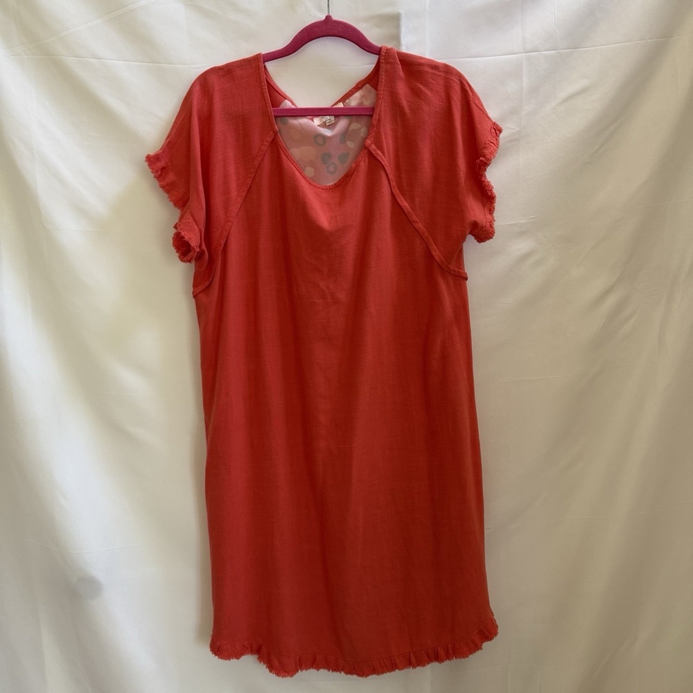 Umgee Women's Shift Dress‎ XL Linen Cotton Blend Floral Raw Hem Boho Beach